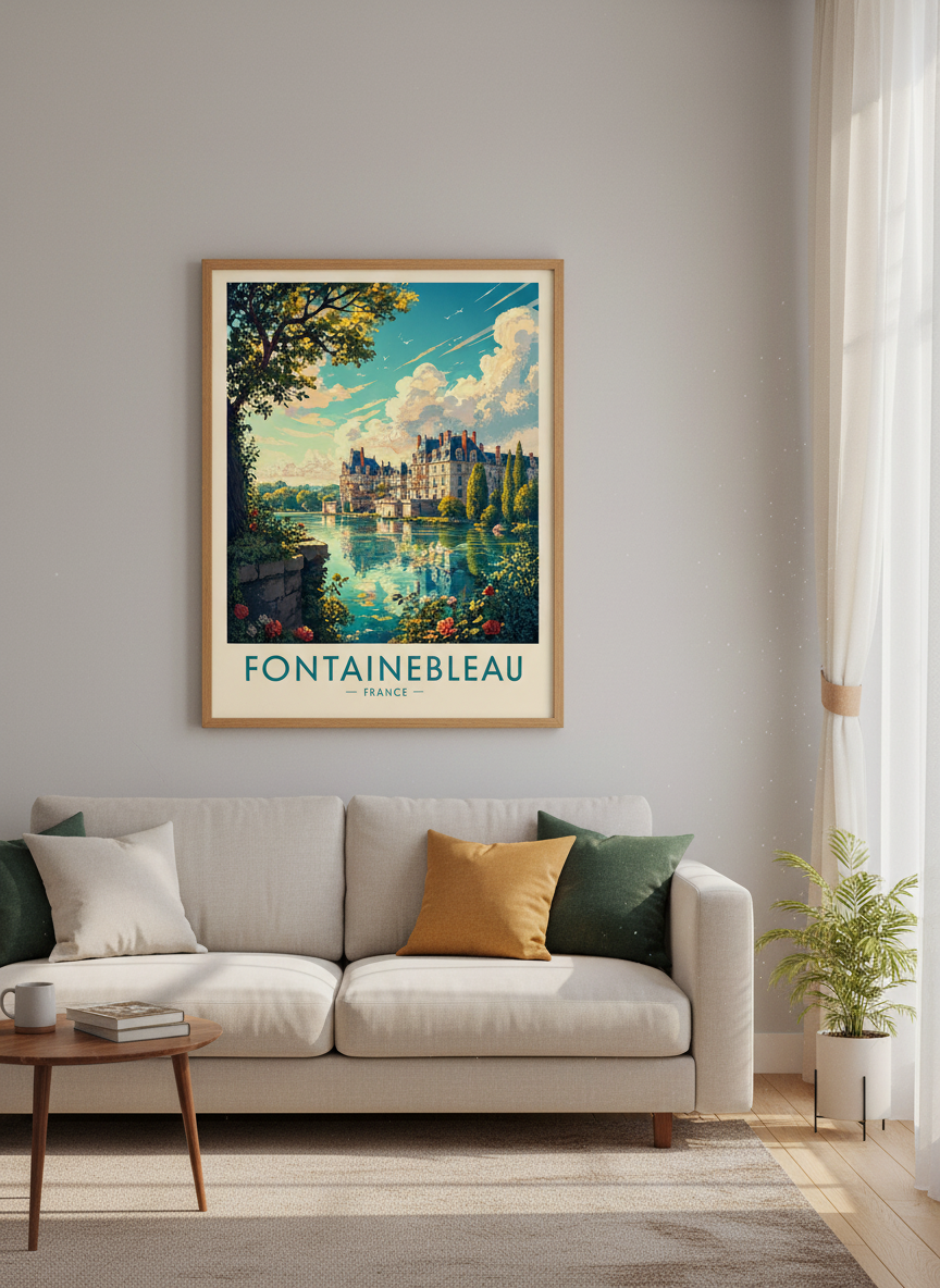 Fontainebleau France Travel Poster | Vintage Painterly Style, Scenic Lake Wall Art