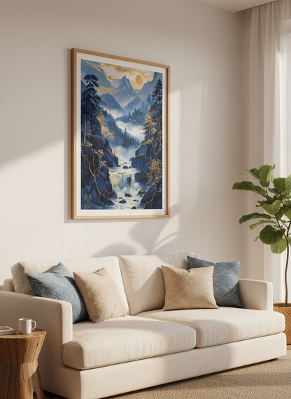 Blue Gold Mountain Waterfall Wall Art | Living Room Decor | Japanese Aesthetic Poster