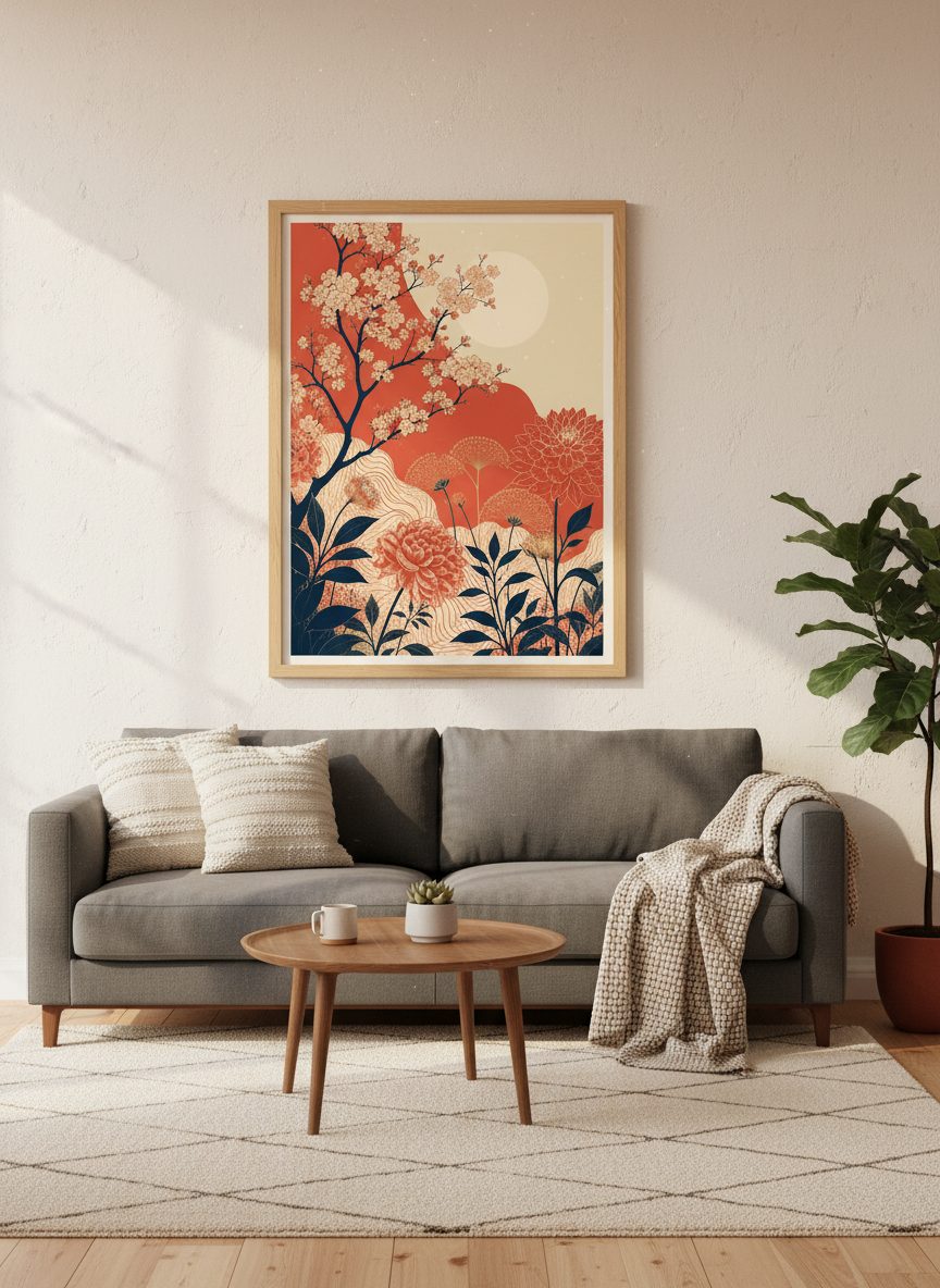 Japanese Floral Wall Art Print | Terracotta &amp; Navy Botanical Poster | Living Room Decor