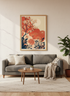 Japanese Floral Wall Art Print | Terracotta & Navy Botanical Poster | Living Room Decor