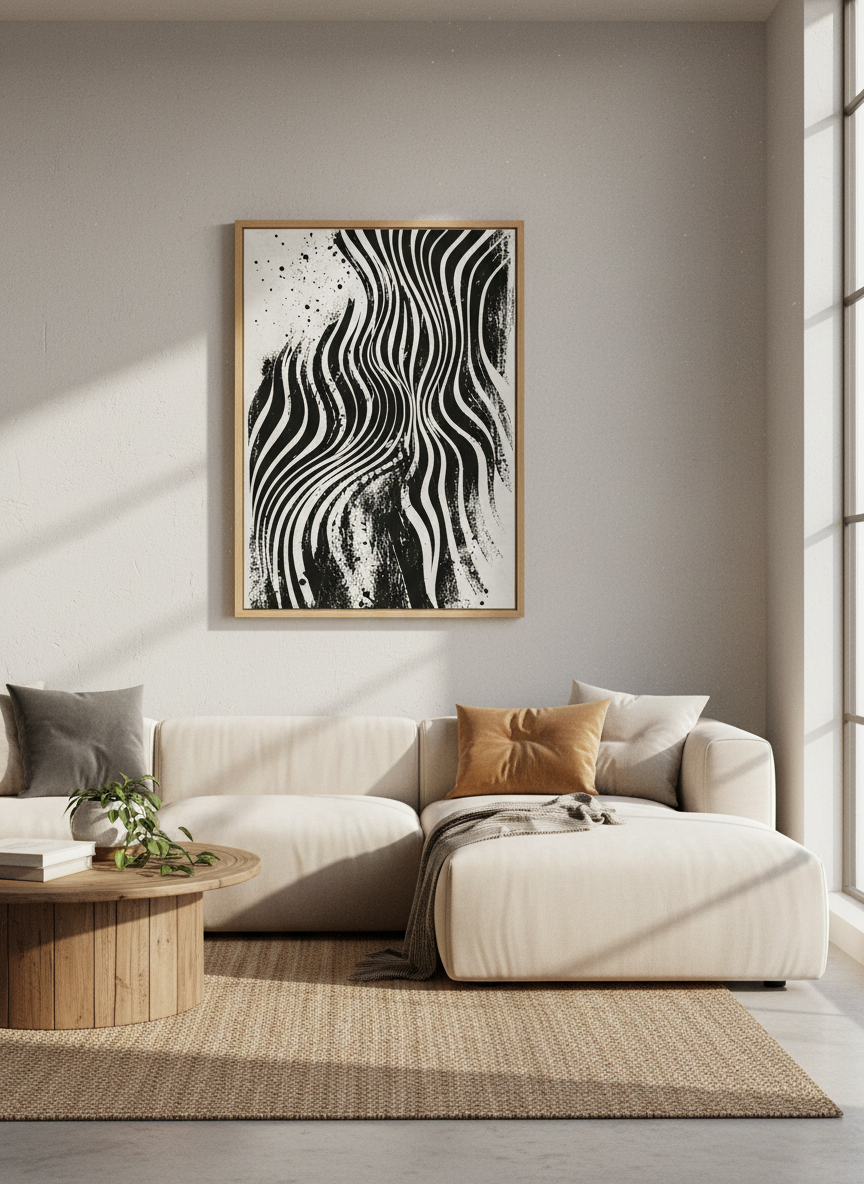 Abstract Wavy Lines Wall Art | Black and White Ink Poster, Modern Office Decor
