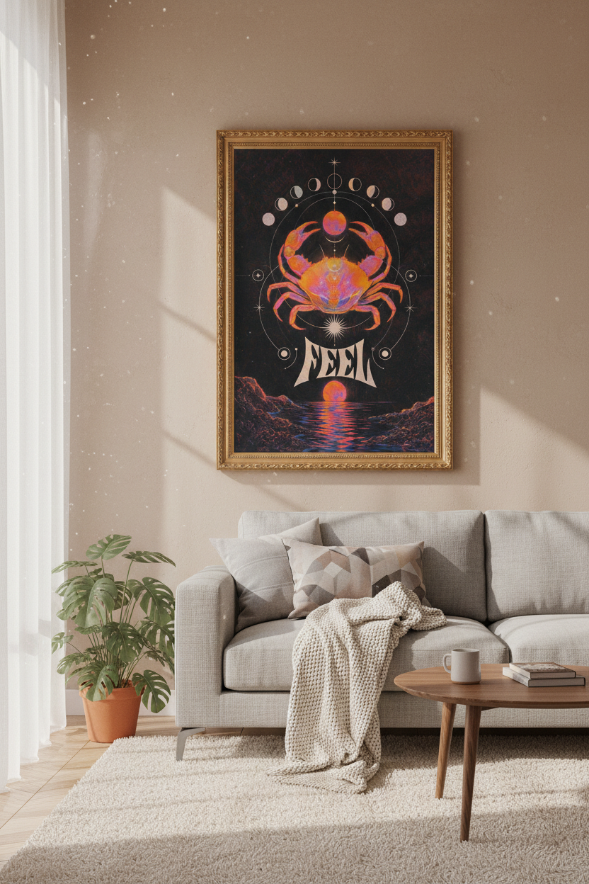 Cancer zodiac print | Neon occult crab art, bedroom decor