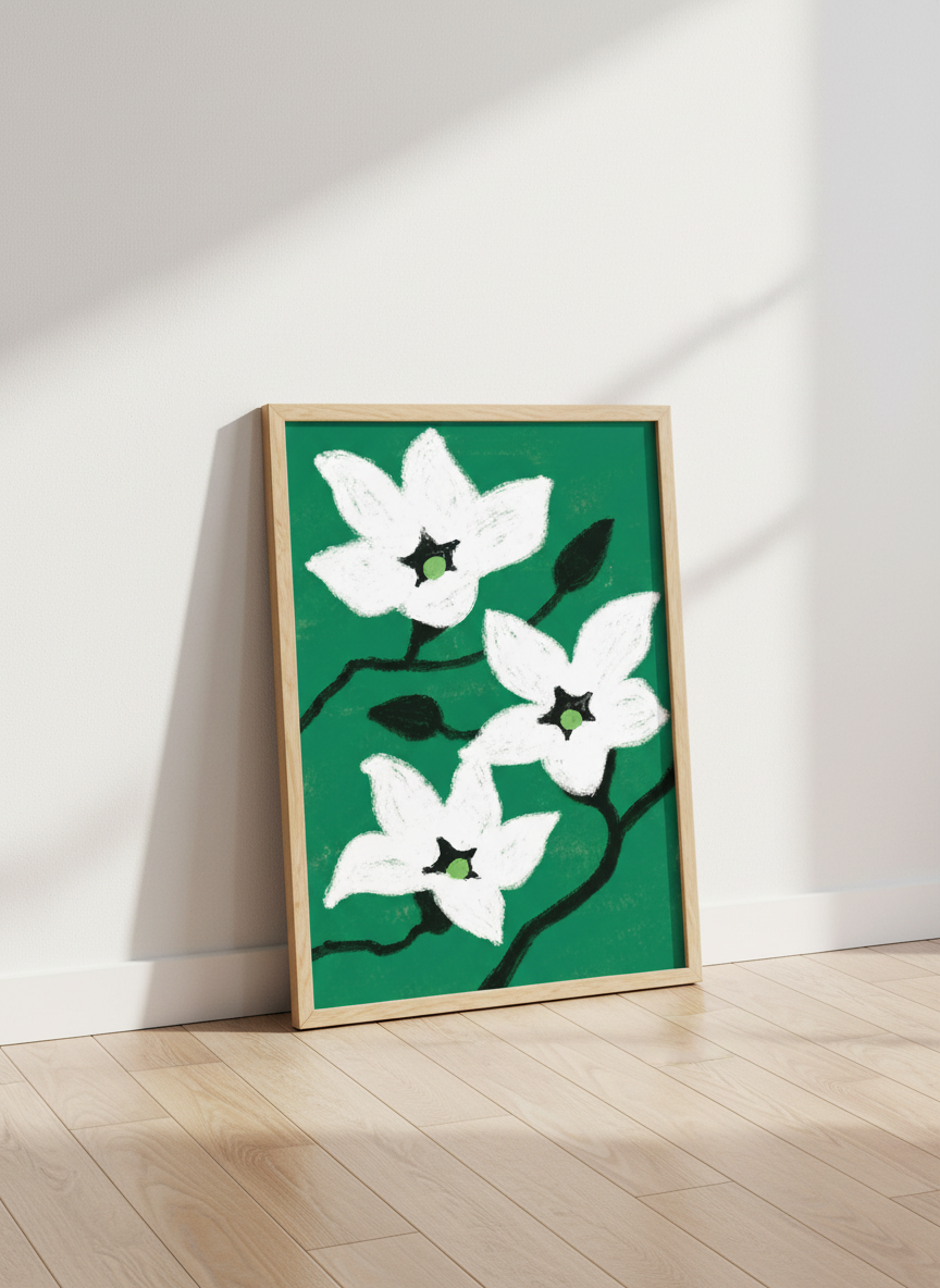 White Floral Bloom Wall Art | Emerald Green Botanical Poster | Modern Boho Decor