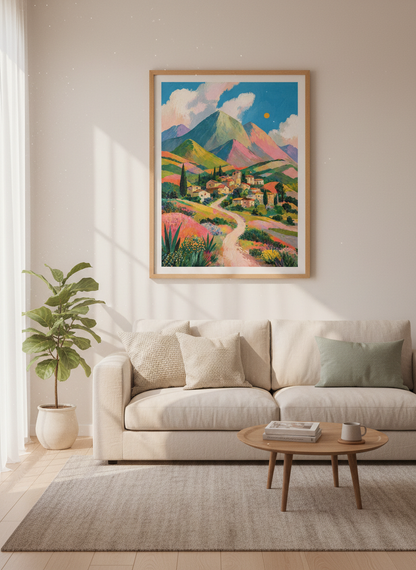 Mountain Village Wall Art Print | Colorful Mediterranean Landscape | Impressionist Poster
