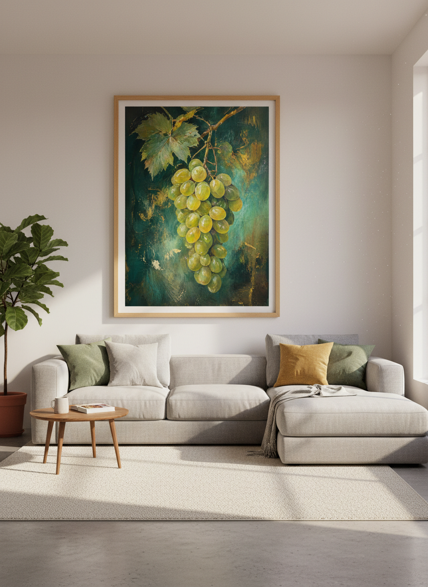 Green Grapes Still Life Art Print | Kitchen Dining Decor | Vintage Oil Painting Poster