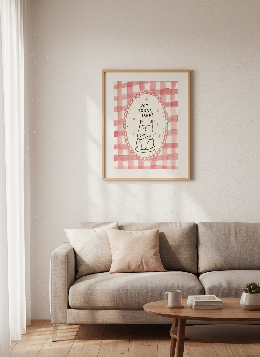 Funny Cat Art | Pink Gingham Not Today Thanks Poster, Cute Coquette Room Decor