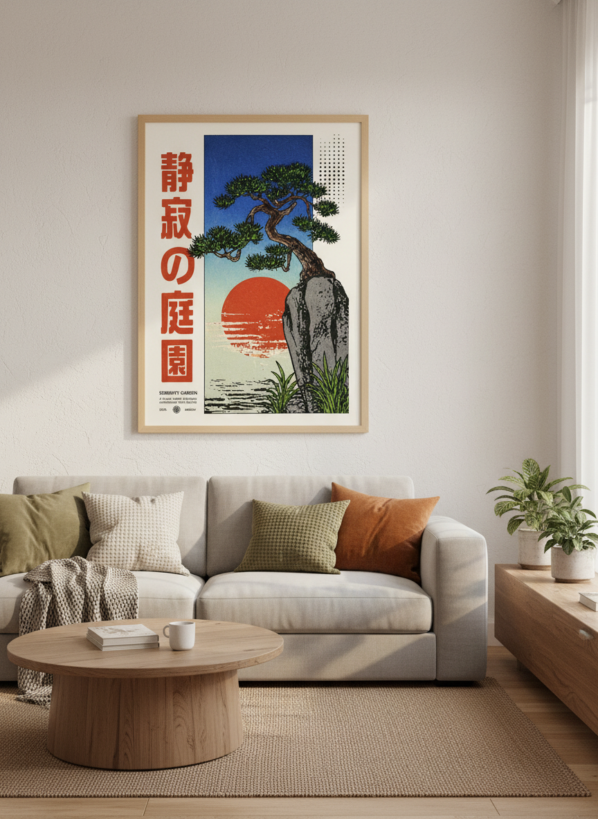 Japanese Woodblock Pine Tree Art | Serenity Garden Poster, Zen Decor, Ukiyo-e Print