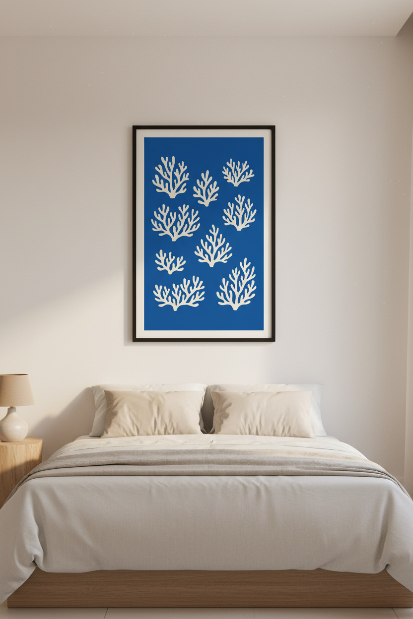 Minimalist Coral Wall Art Print | Coastal Bathroom Decor | Ocean Blue &amp; White Aesthetic Framed Poster