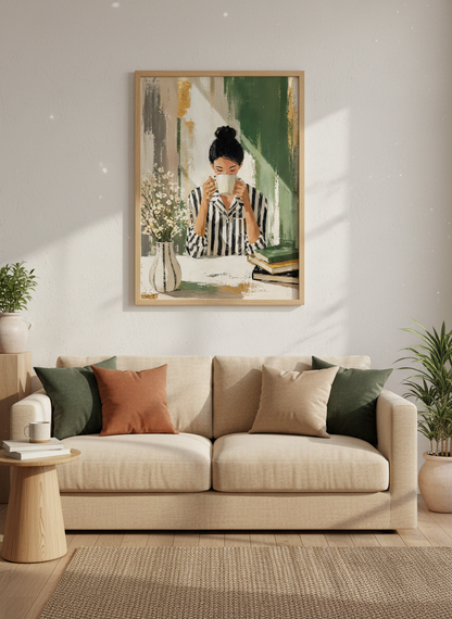 Coffee Woman Wall Art Print | Sage Green Kitchen Decor | Impressionist Poster