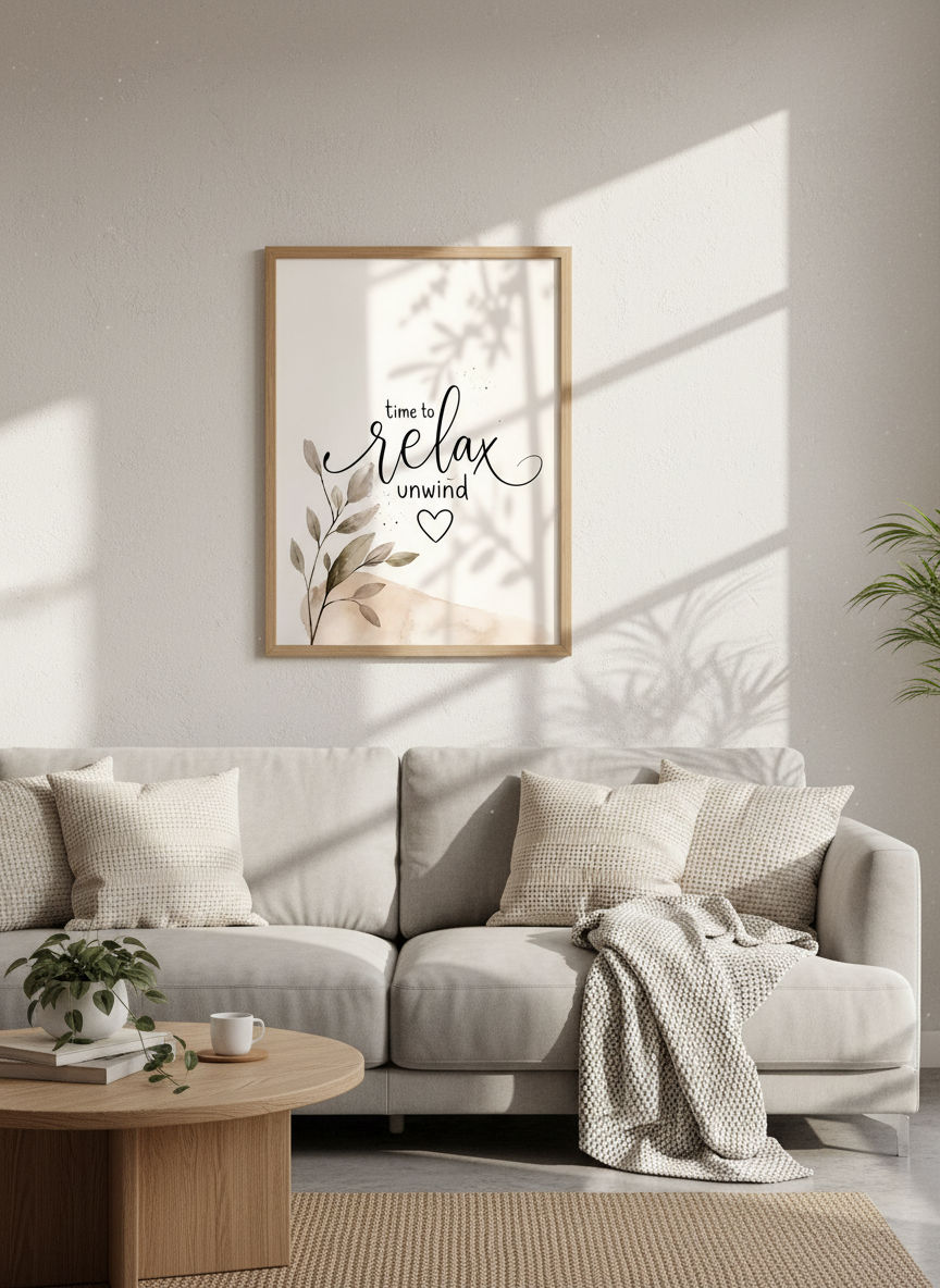 Time to Relax &amp; Unwind Wall Art | Neutral Botanical Decor | Minimalist Poster Print