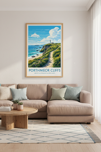 Porthmeor Cliffs Coastal Wall Art | Blue Lighthouse Print, Cornwall Decor