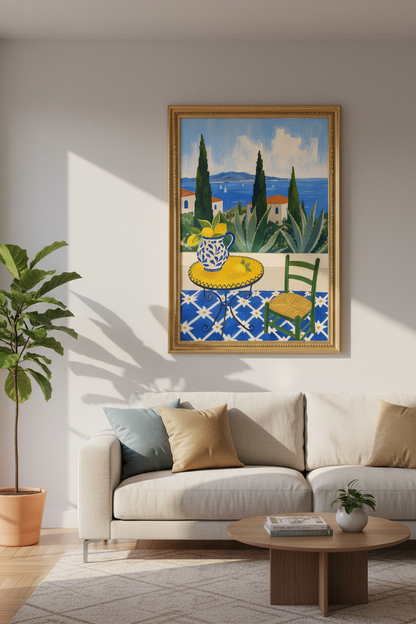 Mediterranean print | Blue Yellow Gouache, Kitchen Decor