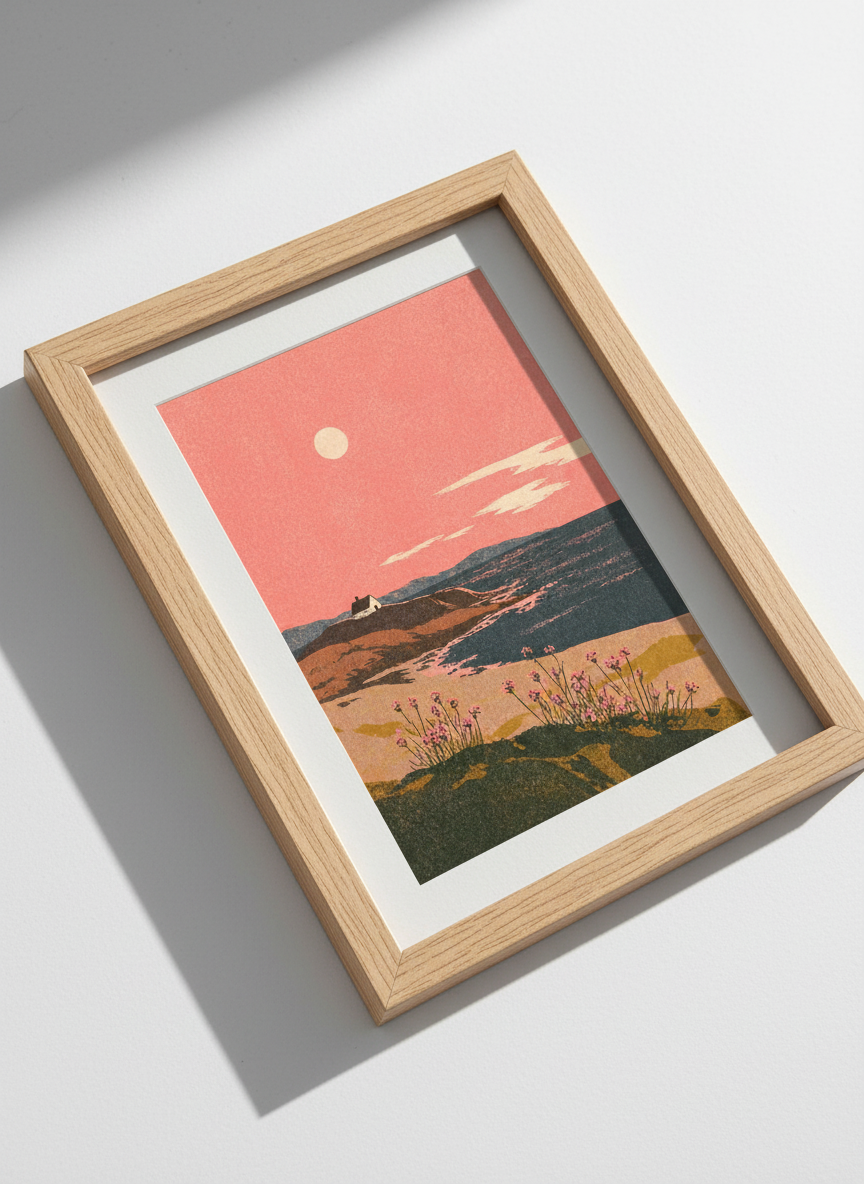 Coastal House Print | Retro Landscape Wall Art, Pink &amp; Navy Decor