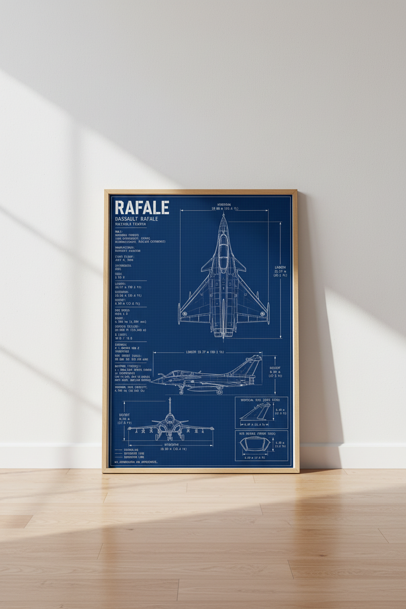 Dassault Rafale Blueprint Wall Art Print | Aviation Decor | Jet Fighter Poster | Man Cave | Gift for Pilots &amp; Enthusiasts