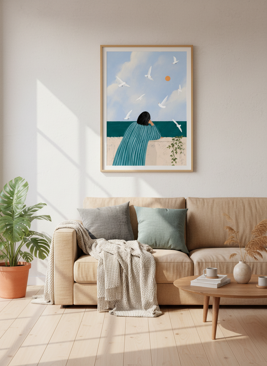 Woman Ocean View Wall Art | Tranquil Coastal Decor | Minimalist Seagull Print