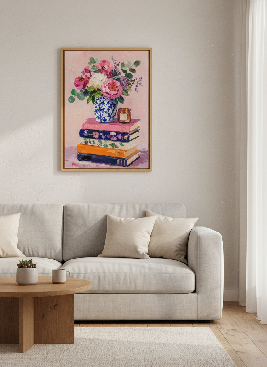 Peony Bouquet on Bookstack Wall Art | Pink Floral Print | Preppy Chinoiserie Decor