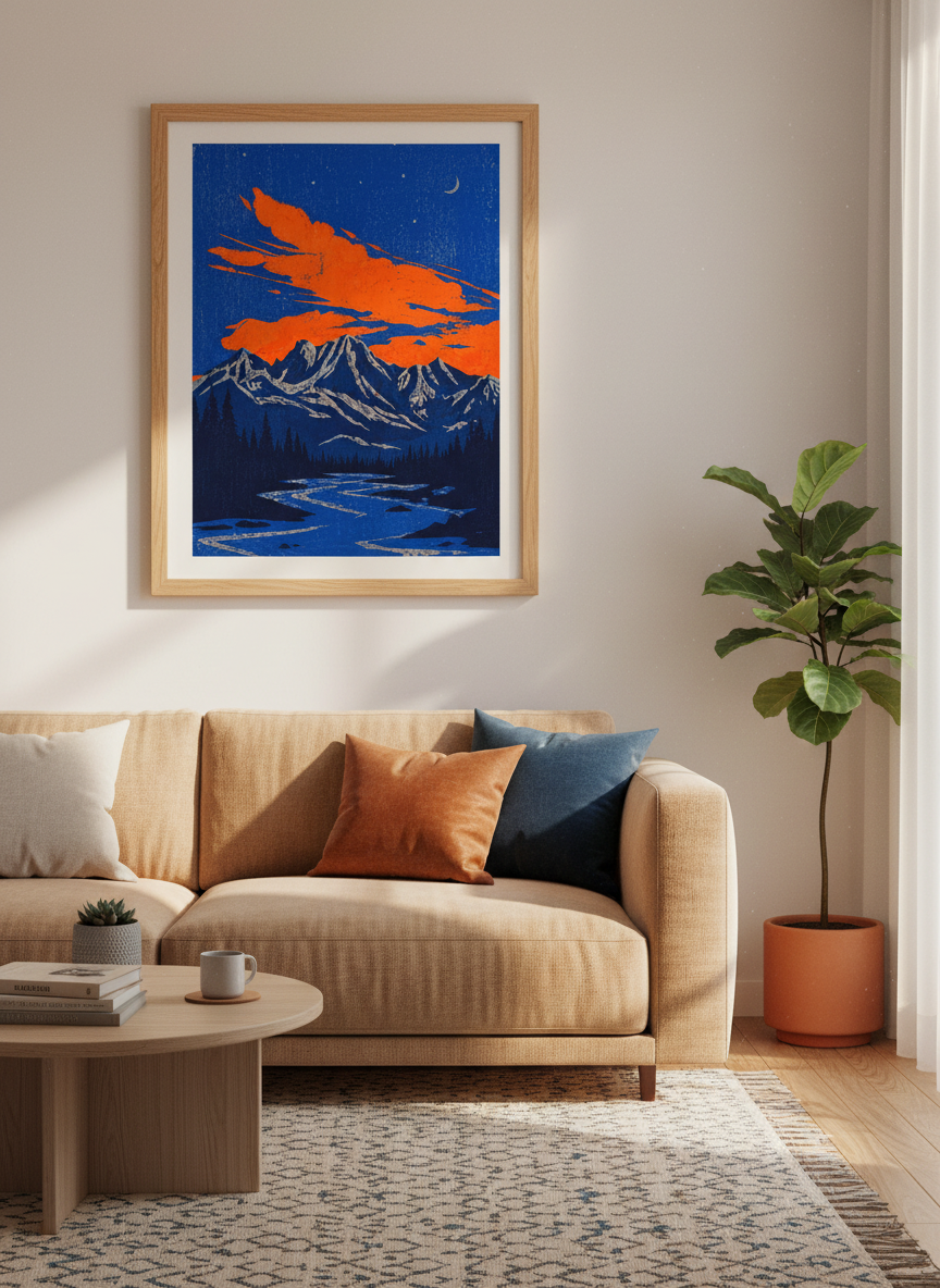 Rustic Mountains Print | Vibrant Landscape Wall Art, Indie Room Decor