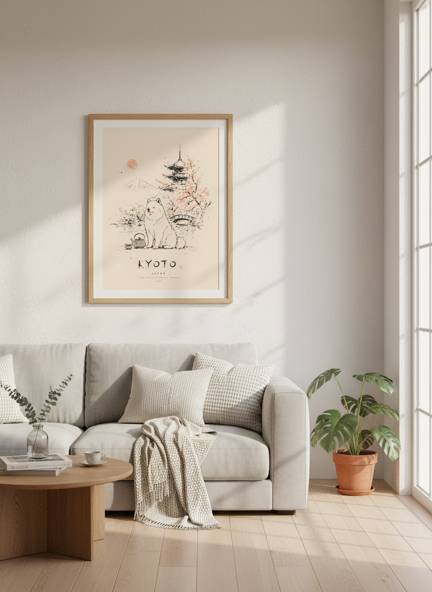 Kyoto Samoyed Art Print | Japanese Zen Landscape, Minimalist Dog Poster
