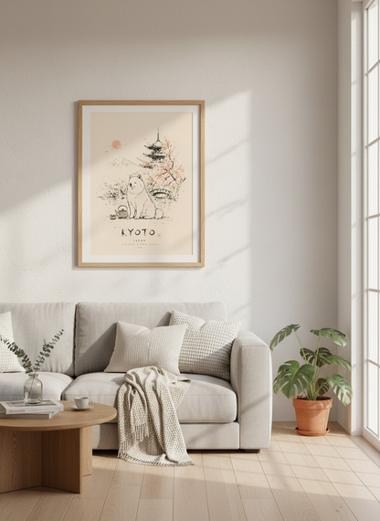 Kyoto Samoyed Art Print | Japanese Zen Landscape, Minimalist Dog Poster