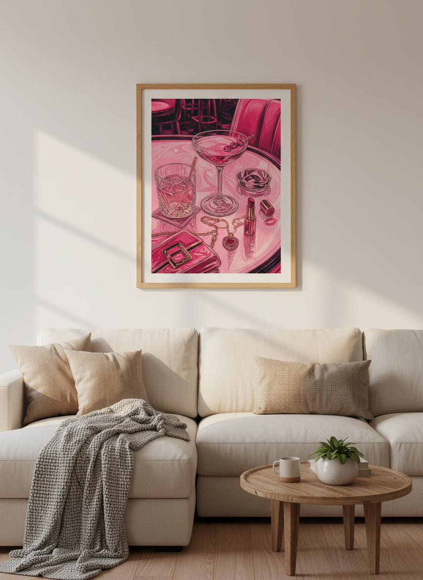 Pink Cocktail Wall Art | Glitzy Martini Poster, Trendy Bar Cart Decor