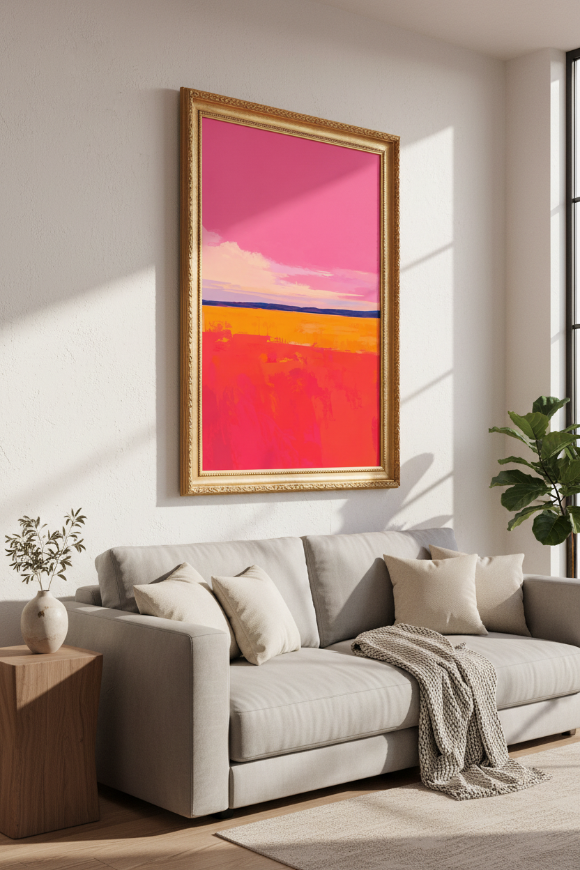 Abstract Landscape | Vibrant Pink Orange, Living Room