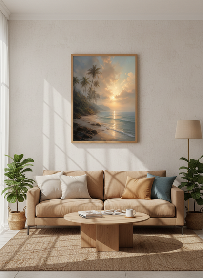Tropical Beach Sunset Wall Art | Golden Coastal Palm Tree Decor | Aesthetic Poster