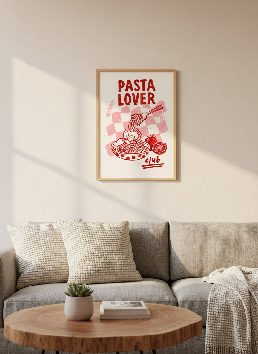 Pasta Lover Club Art Print | Red Kitchen Decor | Retro Foodie Poster