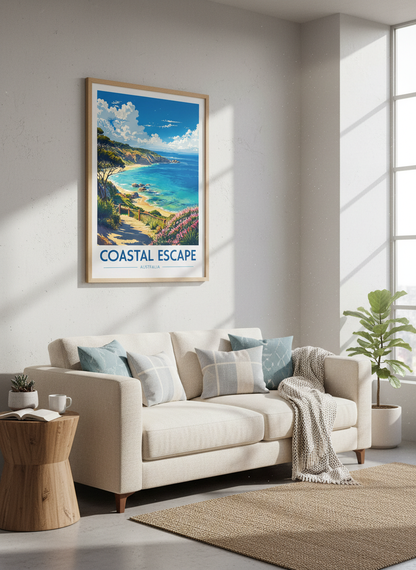 Coastal Escape Australia Poster | Beach Landscape Travel Art, Living Room Wall Decor