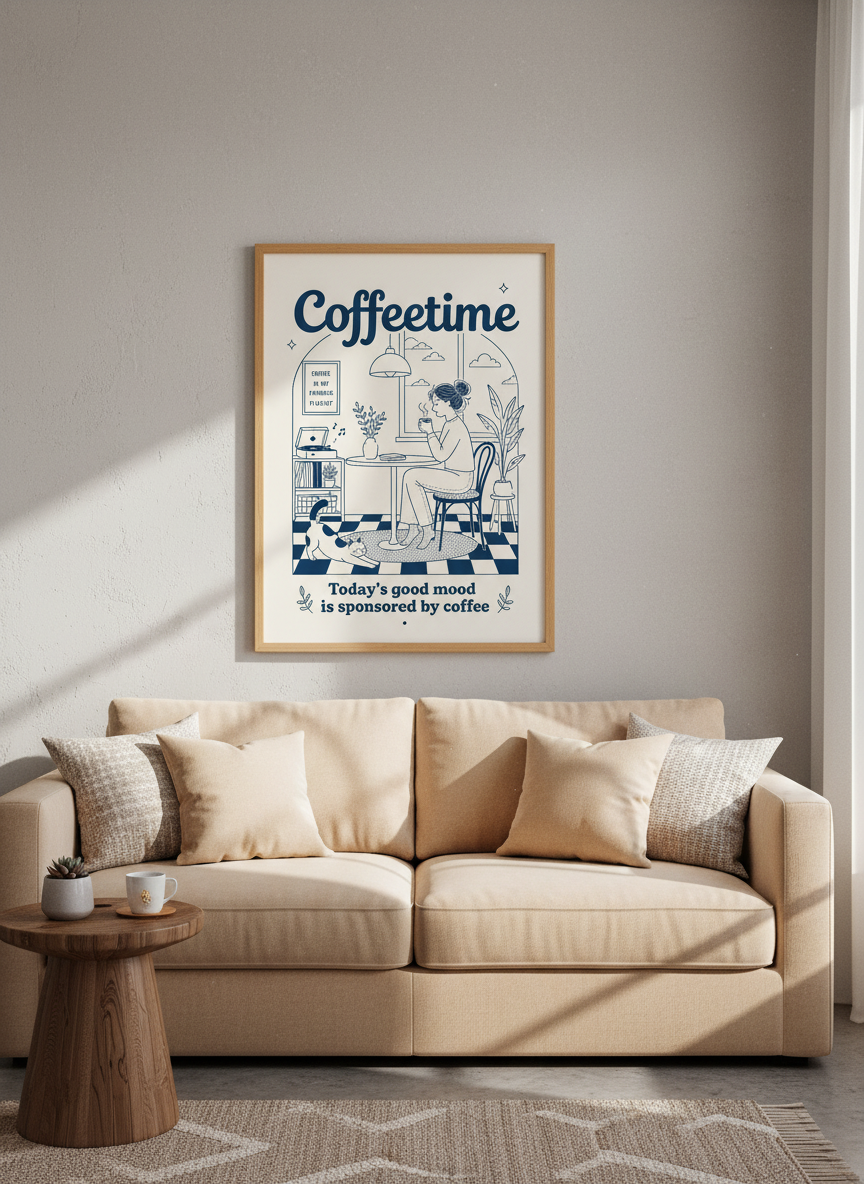 Coffetime Retro Line Art Print | Navy Kitchen Decor | Cozy Coffee Lover Poster