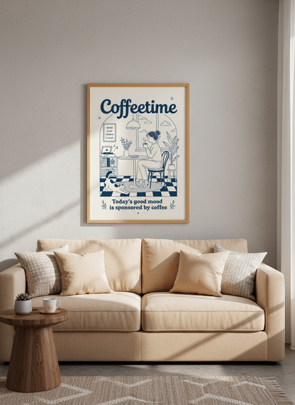 Coffetime Retro Line Art Print | Navy Kitchen Decor | Cozy Coffee Lover Poster