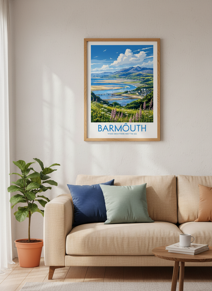Barmouth Wales Travel Poster | Coastal Mountain Wall Art, Nature Home Decor