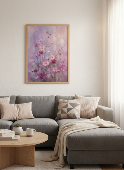 Lavender Floral Wall Art | Purple Meadow Flower Print, Soft Impressionist Bedroom Decor