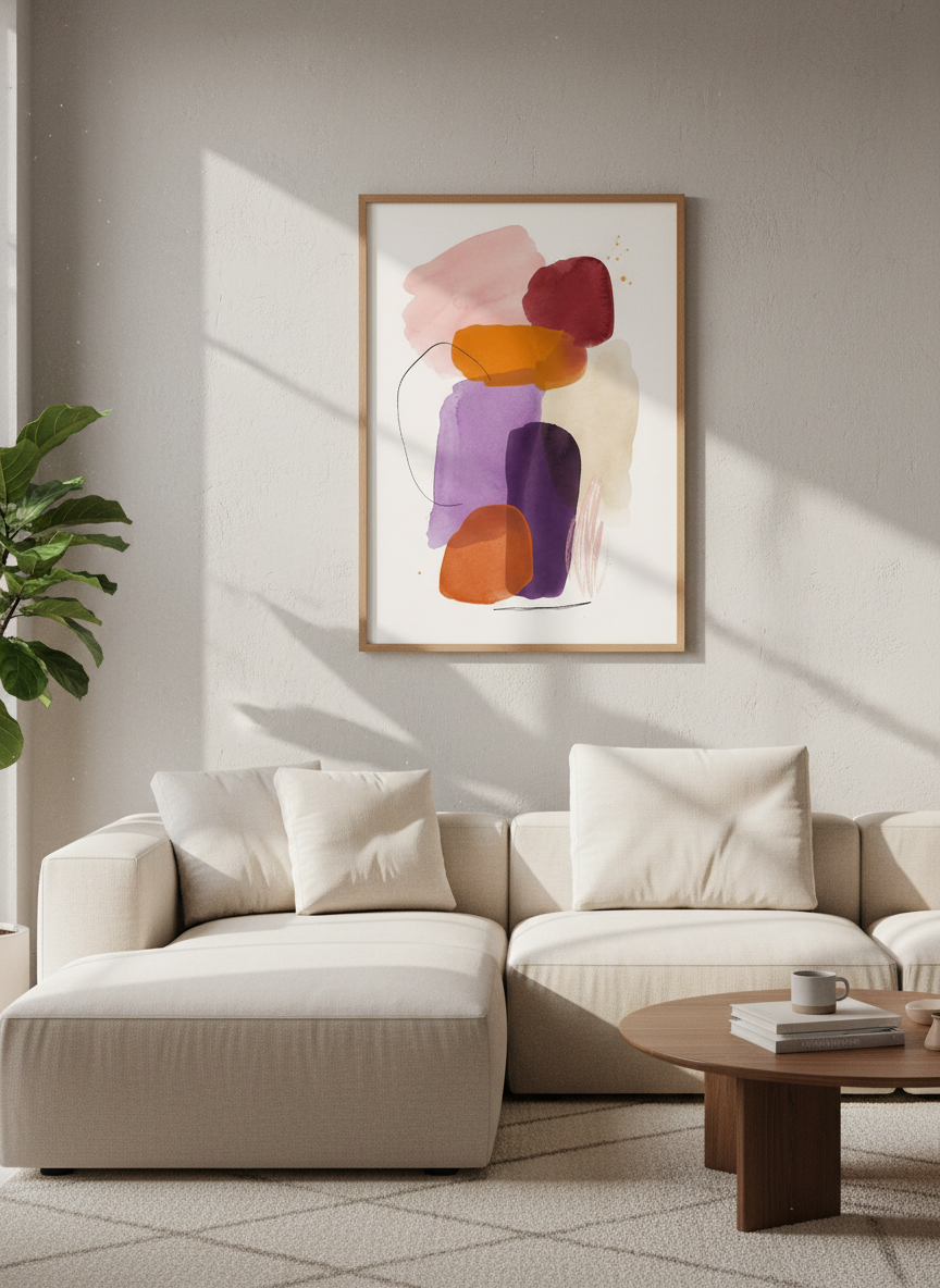 Abstract Watercolor Shapes Wall Art | Plum &amp; Orange Boho Print, Modern Living Room Decor