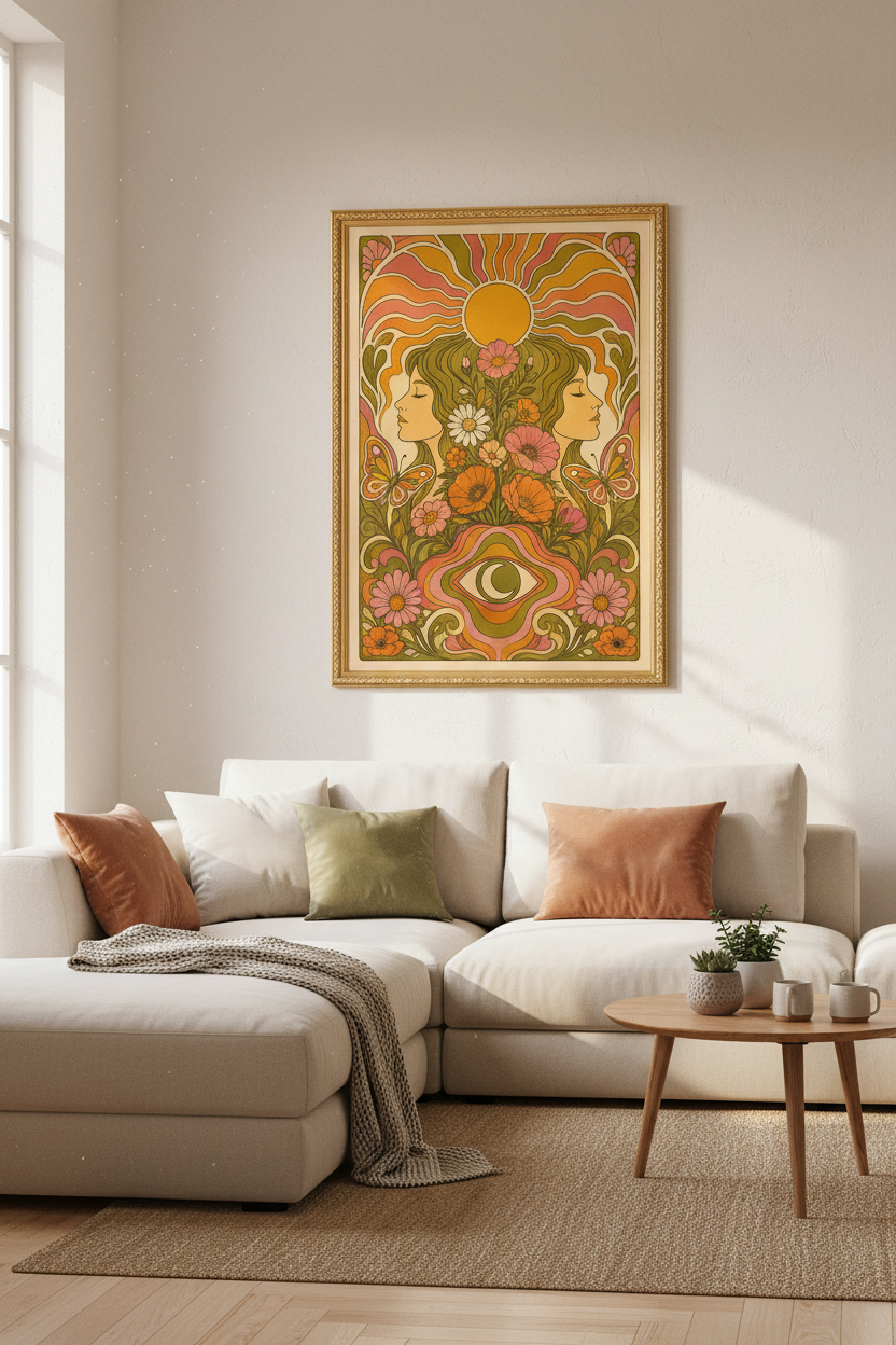 Retro Floral Poster | Psychedelic Orange Green, Living Room