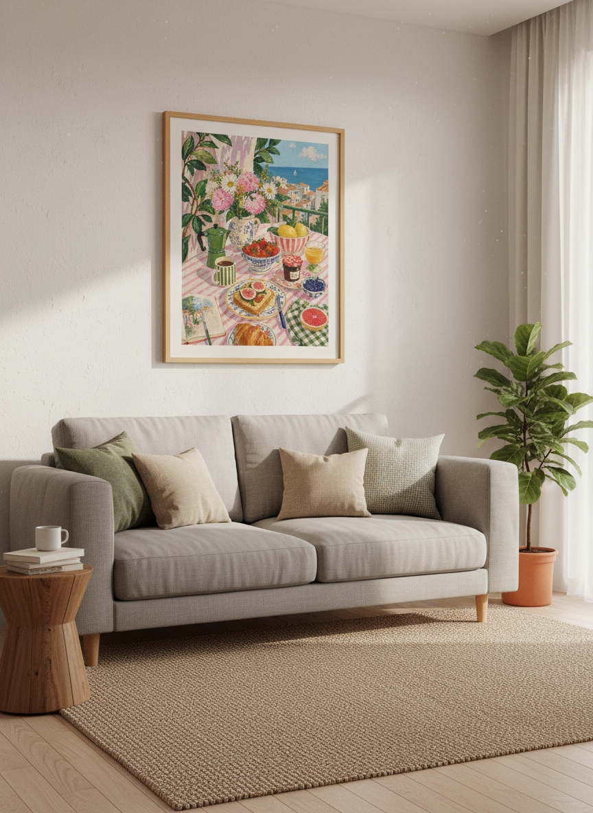 Amalfi Coast Breakfast Wall Art | Mediterranean Still Life Poster | Kitchen Decor