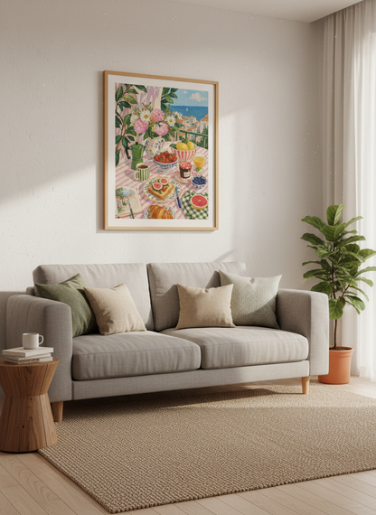 Amalfi Coast Breakfast Wall Art | Mediterranean Still Life Poster | Kitchen Decor