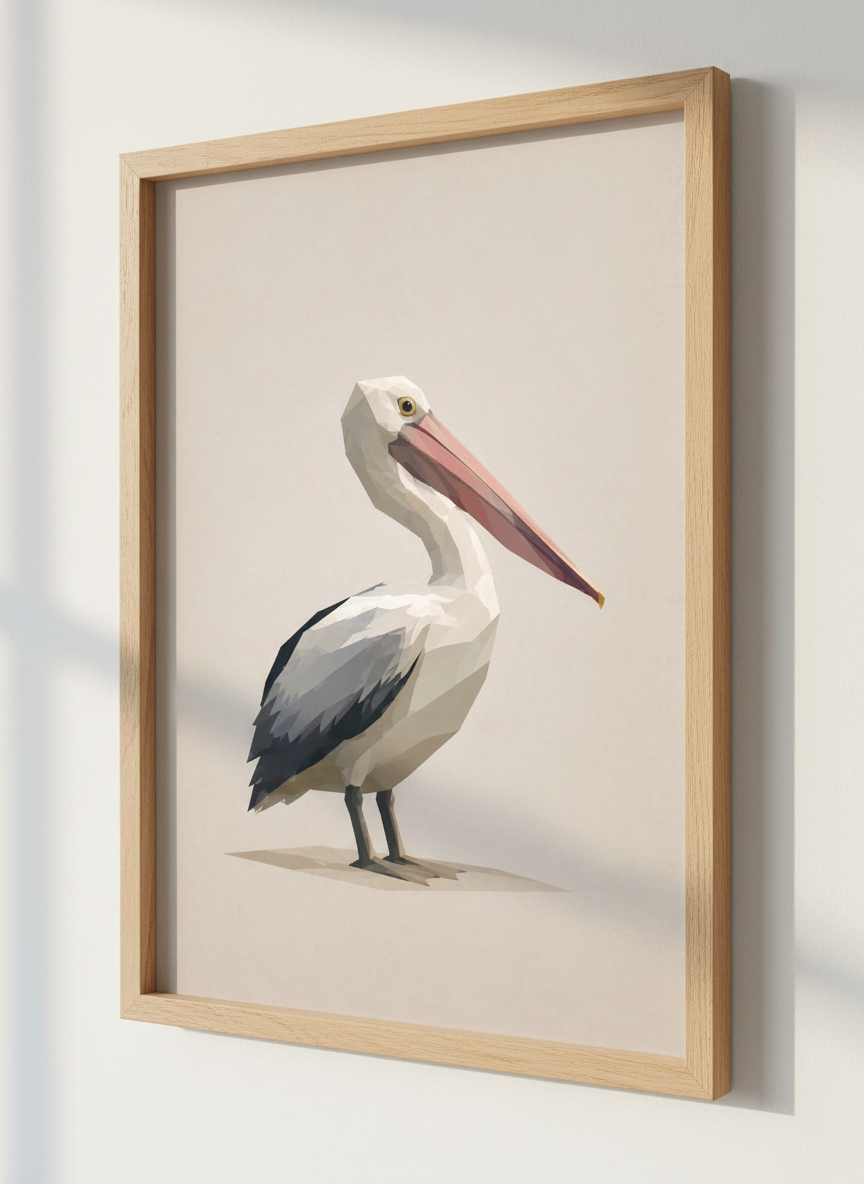 Low Poly Pelican Wall Art Print | Coastal Living Decor | Modern Geometric Ocean Bird Poster | Framed, Unframed, Digital Art