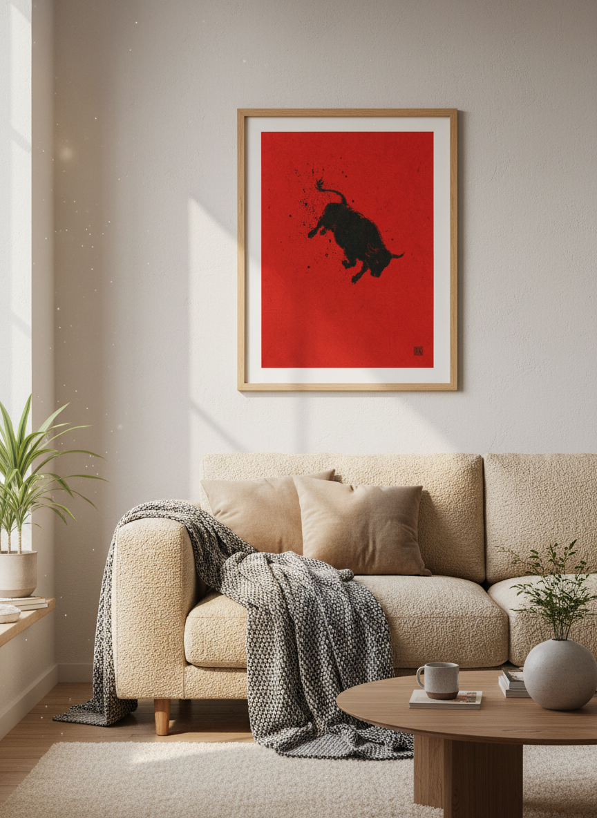 Bull Silhouette Wall Art | Red and Black Minimalist Poster, Office Decor Art