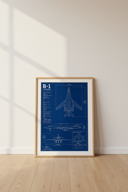 Blueprint B-1 Lancer Bomber Wall Art Decor | Aviation Enthusiast Gift | Military Aircraft Poster Print | Man Cave Art