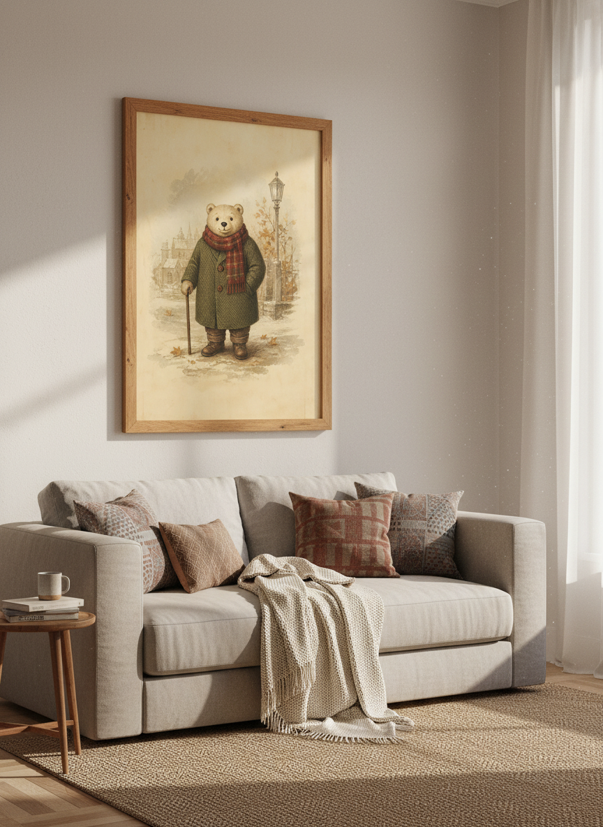 Gentle Bear in Tweed Coat Art | Vintage Autumn Aesthetic, Nursery &amp; Study Decor