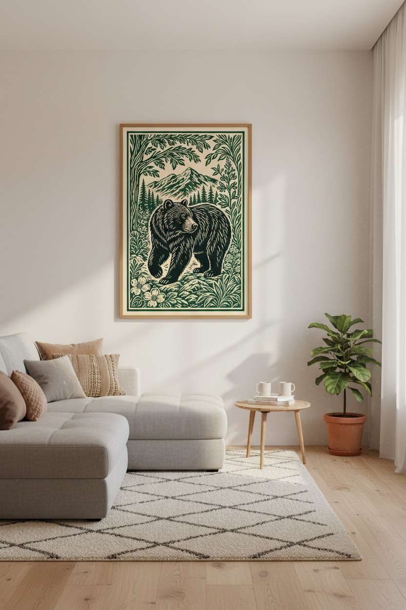 Grizzly Bear Linocut Print | Mountain Forest Wall Art, Cabin Decor Aesthetic