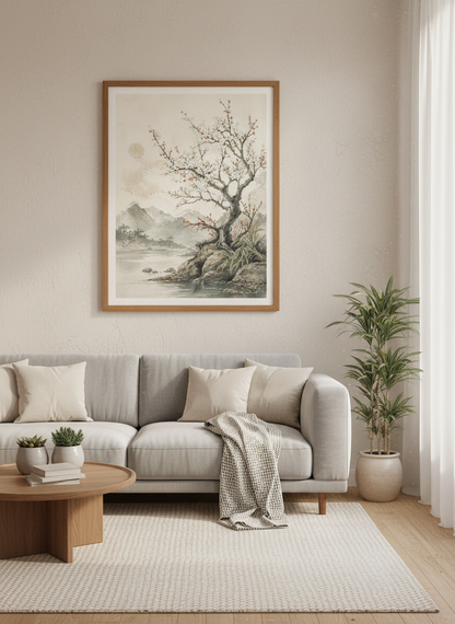 Cherry Blossom Tree Wall Art | Japanese Ink Style Landscape, Zen Living Room Decor