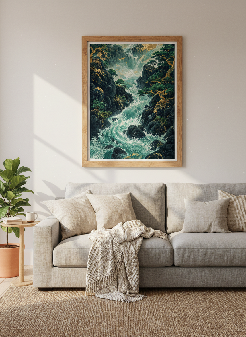 Japanese Waterfall Landscape Wall Art | Teal and Gold Nature Decor | Asian Zen Poster