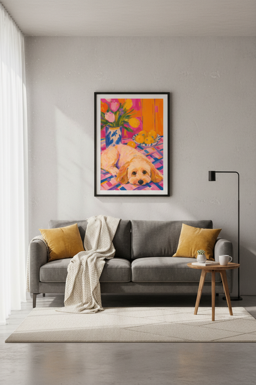 Vibrant Dog Poster | Bold Floral Palette, Living Room Decor
