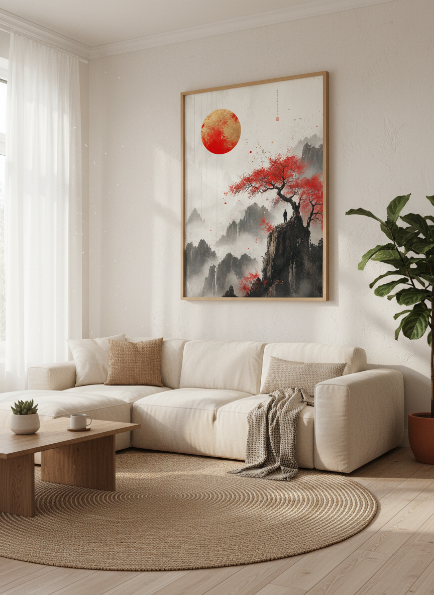 Japanese Mountain Landscape Wall Art | Red Sun Zen Poster, Living Room Decor