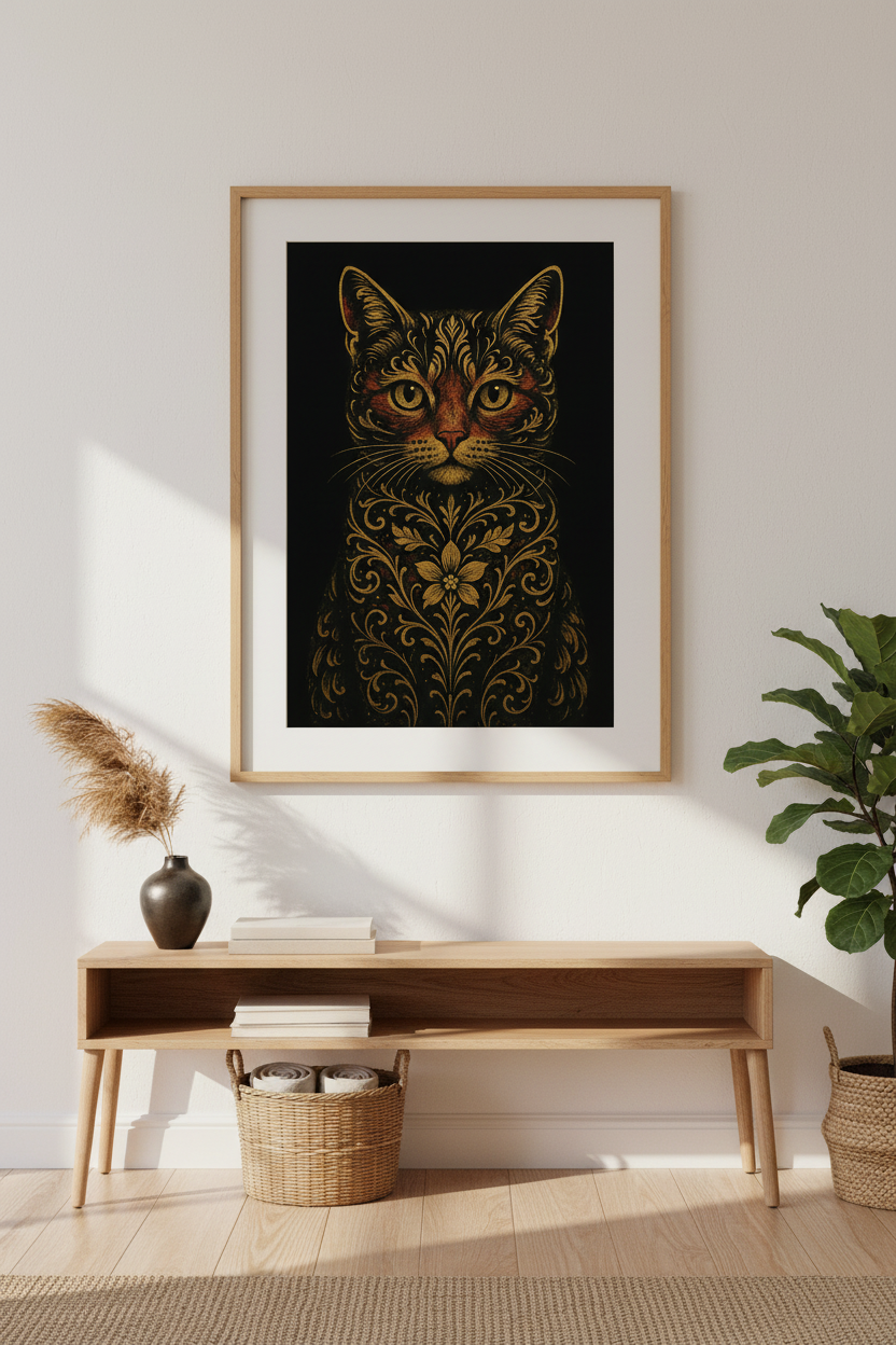 Ornate Cat Wall Art Print | Boho Bedroom Decor | Maximalist Pet Lover Framed Poster | Gold Animal Ready to Hang Art