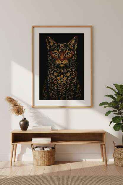 Ornate Cat Wall Art Print | Boho Bedroom Decor | Maximalist Pet Lover Framed Poster | Gold Animal Ready to Hang Art
