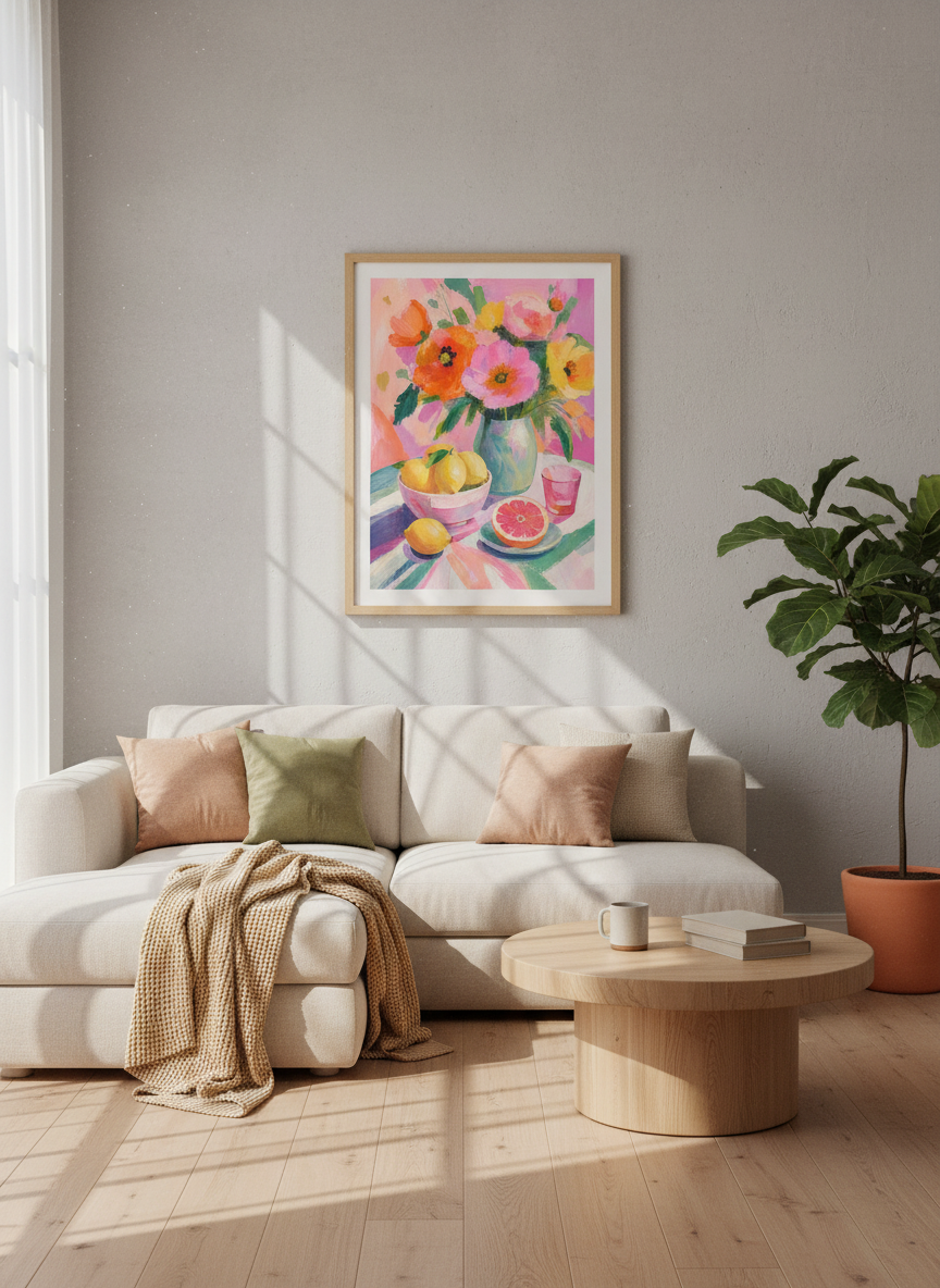 Floral Still Life &amp; Citrus Wall Art | Pink &amp; Orange Impasto Painting, Kitchen Decor Poster