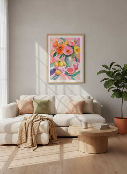 Floral Still Life &amp; Citrus Wall Art | Pink &amp; Orange Impasto Painting, Kitchen Decor Poster