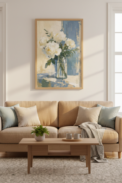 White Peony Floral Wall Art | Blue Impressionist Oil Painting, Living Room Decor